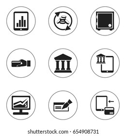 Set Of 9 Editable Financial Icons. Includes Symbols Such As Money Flow, Crate, Statistics And More. Can Be Used For Web, Mobile, UI And Infographic Design.