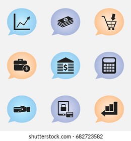 Set Of 9 Editable Financial Icons. Includes Symbols Such As Purchase, Salary, Unitersity And More. Can Be Used For Web, Mobile, UI And Infographic Design.