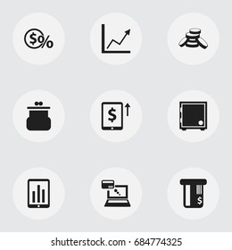 Set Of 9 Editable Financial Icons. Includes Symbols Such As Pouch, Remuneration, Diagram And More. Can Be Used For Web, Mobile, UI And Infographic Design.