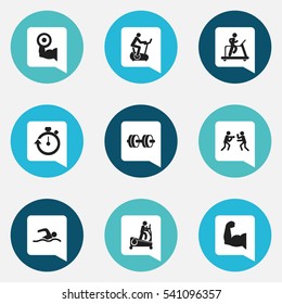 Set Of 9 Editable Fitness Icons. Includes Symbols Such As Fight, Training Pool, Training Bike And More. Can Be Used For Web, Mobile, UI And Infographic Design.