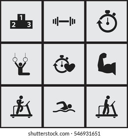 Set Of 9 Editable Fitness Icons. Includes Symbols Such As Jogging, Acrobat, Biceps And More. Can Be Used For Web, Mobile, UI And Infographic Design.