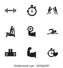 Set Of 9 Editable Fitness Icons. Includes Symbols Such As Training Pool, Health Time, Fight And More. Can Be Used For Web, Mobile, UI And Infographic Design.
