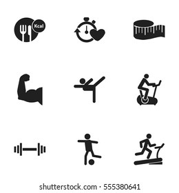 Set Of 9 Editable Fitness Icons. Includes Symbols Such As Crossbar, Racetrack Training, Health Time And More. Can Be Used For Web, Mobile, UI And Infographic Design.