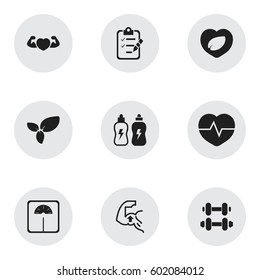 Set Of 9 Editable Fitness Icons. Includes Symbols Such As Leaf In Heart, Strong Love, Weight Measurement And More. Can Be Used For Web, Mobile, UI And Infographic Design.