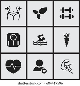 Set Of 9 Editable Fitness Icons. Includes Symbols Such As Profile, Hand Barbell, Slimming. Can Be Used For Web, Mobile, UI And Infographic Design.