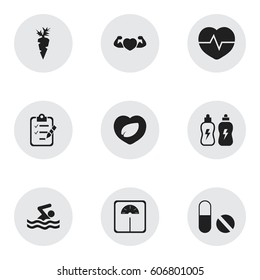 Set Of 9 Editable Fitness Icons. Includes Symbols Such As Pill, Weight Measurement, Leaf In Heart And More. Can Be Used For Web, Mobile, UI And Infographic Design.