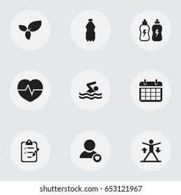 Set Of 9 Editable Fitness Icons. Includes Symbols Such As Profile, Questionnaire, Heartbeat And More. Can Be Used For Web, Mobile, UI And Infographic Design.