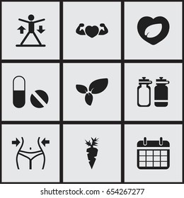 Set Of 9 Editable Fitness Icons. Includes Symbols Such As Pill, Slimming, Training And More. Can Be Used For Web, Mobile, UI And Infographic Design.