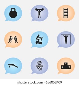 Set Of 9 Editable Fitness Icons. Includes Symbols Such As Street Workout, Platform For Winner, Bodybuilding And More. Can Be Used For Web, Mobile, UI And Infographic Design.
