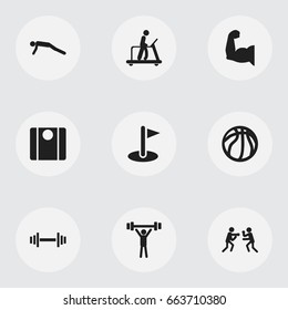 Set Of 9 Editable Fitness Icons. Includes Symbols Such As Crossbar, Executing Running, Basket Play And More. Can Be Used For Web, Mobile, UI And Infographic Design.