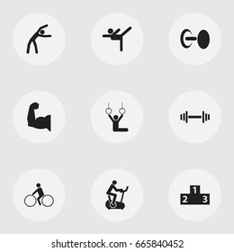 Set Of 9 Editable Fitness Icons. Includes Symbols Such As Exercise, Bicycle Rider, Training Bike And More. Can Be Used For Web, Mobile, UI And Infographic Design.