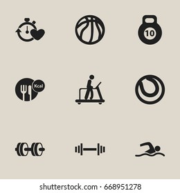 Set Of 9 Editable Fitness Icons. Includes Symbols Such As Executing Running, Training Pool, Health Time And More. Can Be Used For Web, Mobile, UI And Infographic Design.