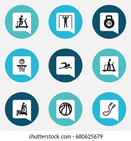 Set Of 9 Editable Fitness Icons. Includes Symbols Such As Jogging, Executing Running, Training Pool And More. Can Be Used For Web, Mobile, UI And Infographic Design.