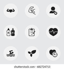 Set Of 9 Editable Fitness Icons. Includes Symbols Such As Muscle, Swimming, Questionnaire And More. Can Be Used For Web, Mobile, UI And Infographic Design.