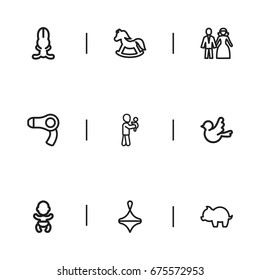 Set Of 9 Editable Folk Icons. Includes Symbols Such As Pony, Infant And More. Can Be Used For Web, Mobile, UI And Infographic Design.