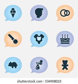 Set Of 9 Editable Folks Icons. Includes Symbols Such As Boy, Moneybox, Child And More. Can Be Used For Web, Mobile, UI And Infographic Design.