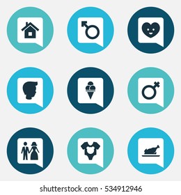 Set Of 9 Editable Folks Icons. Includes Symbols Such As Married, Home, Fried Chicken And More. Can Be Used For Web, Mobile, UI And Infographic Design.