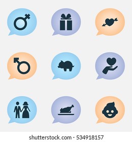 Set Of 9 Editable Folks Icons. Includes Symbols Such As Woman Sign, Heart, Baby And More. Can Be Used For Web, Mobile, UI And Infographic Design.