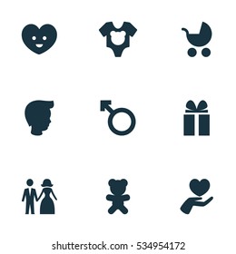 Set Of 9 Editable Folks Icons. Includes Symbols Such As Perambulator, Married, Soul And More. Can Be Used For Web, Mobile, UI And Infographic Design.