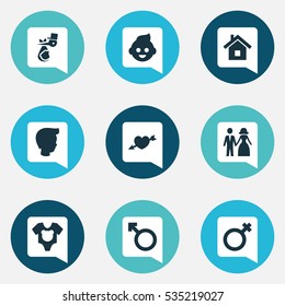 Set Of 9 Editable Folks Icons. Includes Symbols Such As Bodysuit, Baby, Woman Sign And More. Can Be Used For Web, Mobile, UI And Infographic Design.