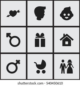 Set Of 9 Editable Folks Icons. Includes Symbols Such As Baby, Woman Sign, Married And More. Can Be Used For Web, Mobile, UI And Infographic Design.