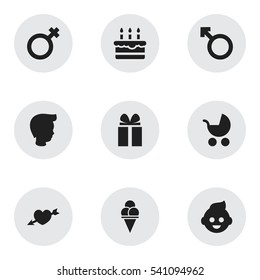 Set Of 9 Editable Folks Icons. Includes Symbols Such As Woman Sign, Gift, Patisserie And More. Can Be Used For Web, Mobile, UI And Infographic Design.