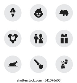 Set Of 9 Editable Folks Icons. Includes Symbols Such As Child, Moneybox, Married And More. Can Be Used For Web, Mobile, UI And Infographic Design.