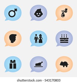 Set Of 9 Editable Folks Icons. Includes Symbols Such As Fried Chicken, Woman Sign, Moneybox And More. Can Be Used For Web, Mobile, UI And Infographic Design.