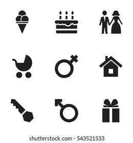Set Of 9 Editable Folks Icons. Includes Symbols Such As Perambulator, Cold Dessert, Man Emblem And More. Can Be Used For Web, Mobile, UI And Infographic Design.