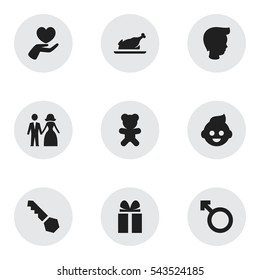 Set Of 9 Editable Folks Icons. Includes Symbols Such As Man Emblem, Gift, Toy And More. Can Be Used For Web, Mobile, UI And Infographic Design.