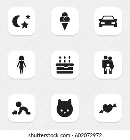 Set Of 9 Editable Folks Icons. Includes Symbols Such As Cold Dessert, Pussy, Midnight And More. Can Be Used For Web, Mobile, UI And Infographic Design.