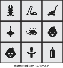 Set Of 9 Editable Folks Icons. Includes Symbols Such As Baby Bottle, Nipple, Newborn Baby And More. Can Be Used For Web, Mobile, UI And Infographic Design.