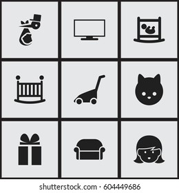 Set Of 9 Editable Folks Icons. Includes Symbols Such As Infant Bed, Child, Grass Cutting Machine And More. Can Be Used For Web, Mobile, UI And Infographic Design.