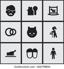 Set Of 9 Editable Folks Icons. Includes Symbols Such As Mother With Baby, House Key, Hoop And More. Can Be Used For Web, Mobile, UI And Infographic Design.
