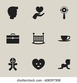 Set Of 9 Editable Folks Icons. Includes Symbols Such As Child Cot, Portfolio, Soul And More. Can Be Used For Web, Mobile, UI And Infographic Design.