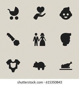 Set Of 9 Editable Folks Icons. Includes Symbols Such As Bodysuit, Boy, Fried Chicken And More. Can Be Used For Web, Mobile, UI And Infographic Design.