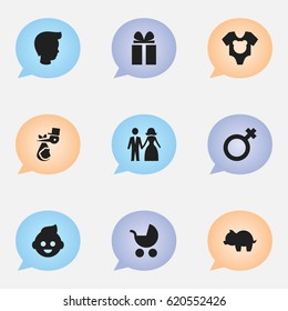 Set Of 9 Editable Folks Icons. Includes Symbols Such As Woman Sign, Boy, Perambulator And More. Can Be Used For Web, Mobile, UI And Infographic Design.