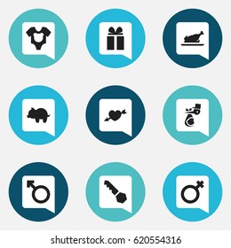 Set Of 9 Editable Folks Icons. Includes Symbols Such As Love, Woman Sign, Fried Chicken And More. Can Be Used For Web, Mobile, UI And Infographic Design.