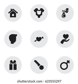 Set Of 9 Editable Folks Icons. Includes Symbols Such As Boy, Gift, Home And More. Can Be Used For Web, Mobile, UI And Infographic Design.