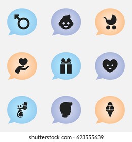 Set Of 9 Editable Folks Icons. Includes Symbols Such As Soul, Man Emblem, Perambulator And More. Can Be Used For Web, Mobile, UI And Infographic Design.