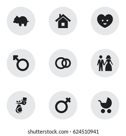 Set Of 9 Editable Folks Icons. Includes Symbols Such As Perambulator, Moneybox, Home And More. Can Be Used For Web, Mobile, UI And Infographic Design.