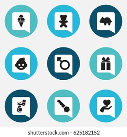 Set Of 9 Editable Folks Icons. Includes Symbols Such As Man Emblem, Child, Gift And More. Can Be Used For Web, Mobile, UI And Infographic Design.