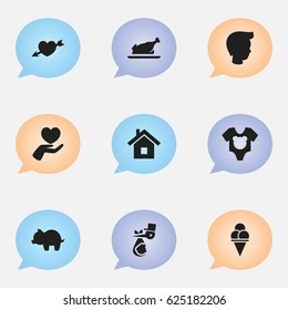 Set Of 9 Editable Folks Icons. Includes Symbols Such As Home, Heart, Bodysuit And More. Can Be Used For Web, Mobile, UI And Infographic Design.