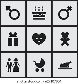Set Of 9 Editable Folks Icons. Includes Symbols Such As Fried Chicken, Patisserie, Woman Sign And More. Can Be Used For Web, Mobile, UI And Infographic Design.