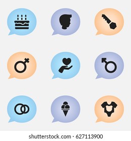 Set Of 9 Editable Folks Icons. Includes Symbols Such As Patisserie, Bodysuit, Cold Dessert And More. Can Be Used For Web, Mobile, UI And Infographic Design.
