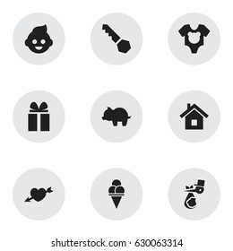 Set Of 9 Editable Folks Icons. Includes Symbols Such As Love, Child, Cold Dessert And More. Can Be Used For Web, Mobile, UI And Infographic Design.