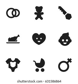 Set Of 9 Editable Folks Icons. Includes Symbols Such As Perambulator, Fried Chicken, Soul And More. Can Be Used For Web, Mobile, UI And Infographic Design.