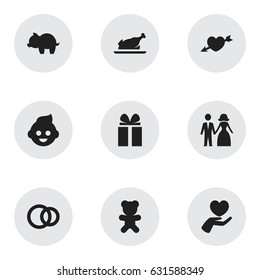 Set Of 9 Editable Folks Icons. Includes Symbols Such As Gift, Hoop, Moneybox And More. Can Be Used For Web, Mobile, UI And Infographic Design.
