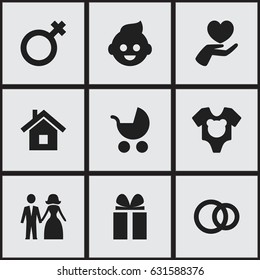 Set Of 9 Editable Folks Icons. Includes Symbols Such As Bodysuit, Perambulator, Baby And More. Can Be Used For Web, Mobile, UI And Infographic Design.
