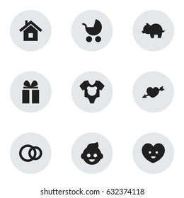 Set Of 9 Editable Folks Icons. Includes Symbols Such As Perambulator, Love, Home And More. Can Be Used For Web, Mobile, UI And Infographic Design.
